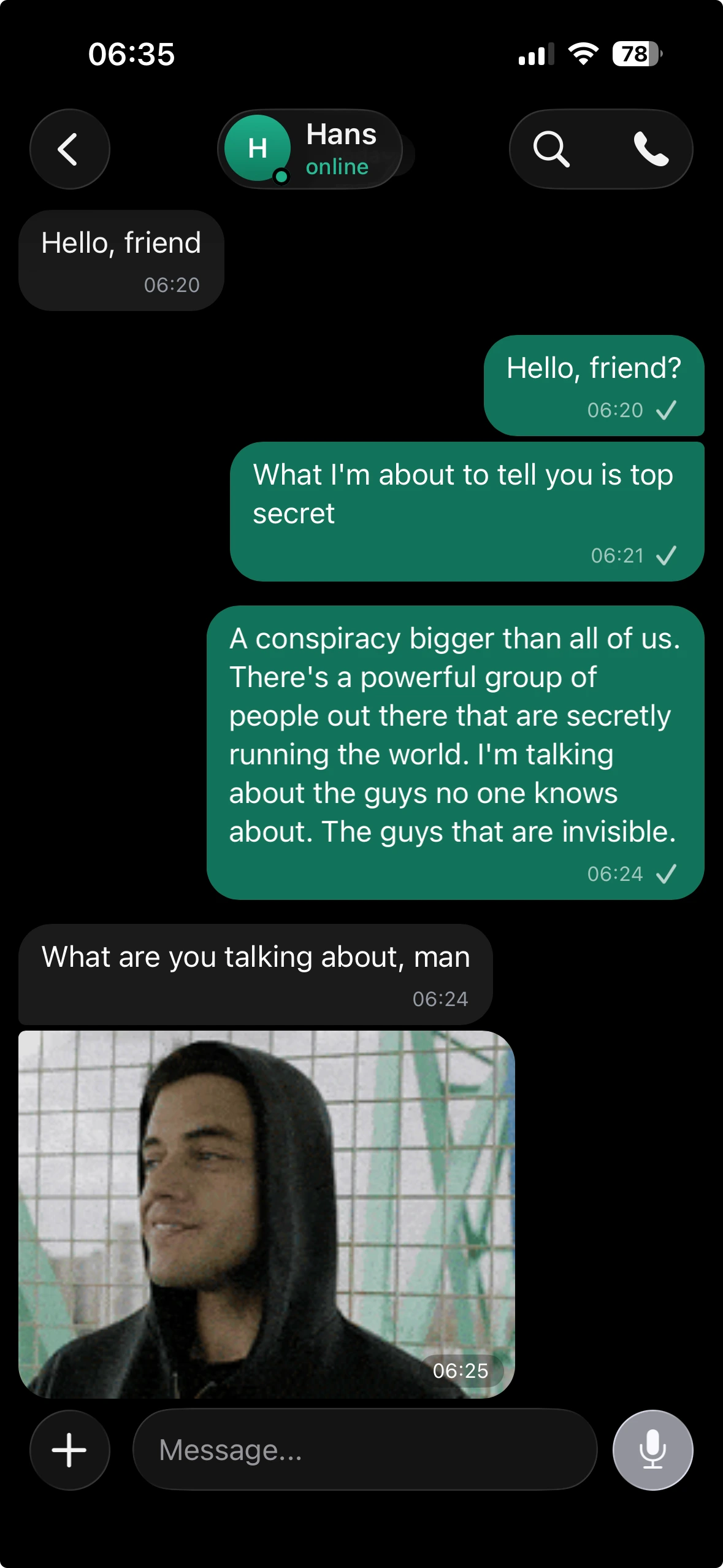 Oplexx chat — dark theme, green messages
